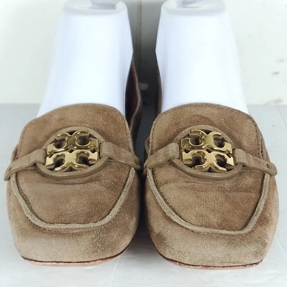 TORY BURCH Women's Metal Miller US8M Taupe Suede Medallion Logo Loafer Flats